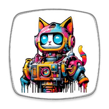 Katze gestaltet als Roboter im Comic Graffiti Stil - Viereckiger Kühlschrankmagnet - Weiß - Vorne