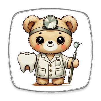 Kuscheltier Teddy Zahnarzt mit Zahn & Mundspiegel - Viereckiger Kühlschrankmagnet - Weiß - Vorne