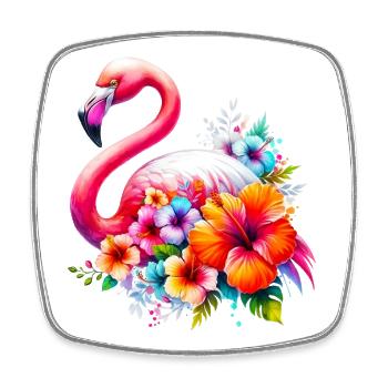 Flamingo verziert mit Hibiskusblüten - Viereckiger Kühlschrankmagnet - Weiß - Vorne