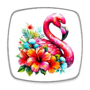 Flamingo verziert mit Hibiskusblüten - Viereckiger Kühlschrankmagnet - Weiß - Vorne