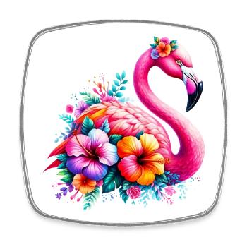 Flamingo verziert mit Hibiskusblüten - Viereckiger Kühlschrankmagnet - Weiß - Vorne