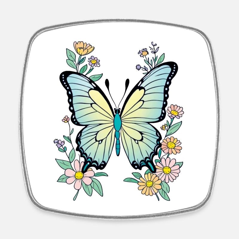 Papillon Bleu Avec Fleurs, Papillon - Magnet carré - blanc
