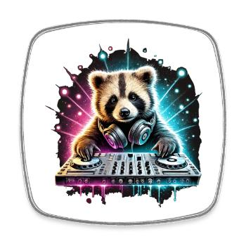 RackoonBeatz an den Turntables - DJ Waschbär - Viereckiger Kühlschrankmagnet - Weiß - Vorne