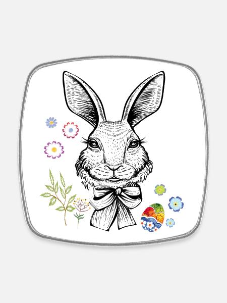 Hase mit Blumen und Osterei - Viereckiger Kühlschrankmagnet - Weiß