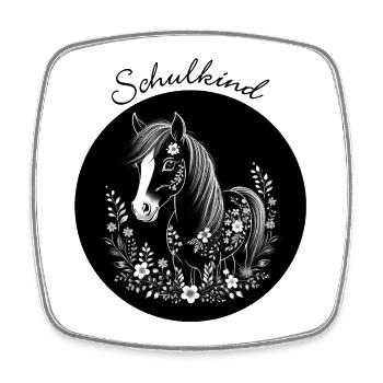 Pony mit Blumen - schwarz weiß – Schulkind - Viereckiger Kühlschrankmagnet - Weiß - Vorne