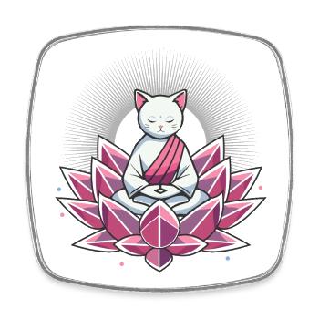 Chat méditant paisible en fleur de lotus - Magnet carré - blanc - Devant