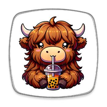 Adorable Highland Cow with Bubble Tea - Square fridge magnet - white - Front