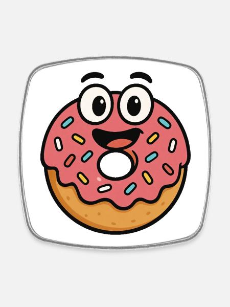 Cheerful Donut Cartoon Design - Square fridge magnet - white
