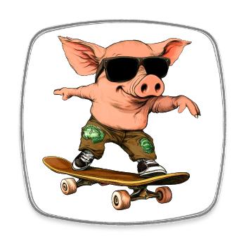 Skateboarder Schweinchen - Viereckiger Kühlschrankmagnet - Weiß - Vorne