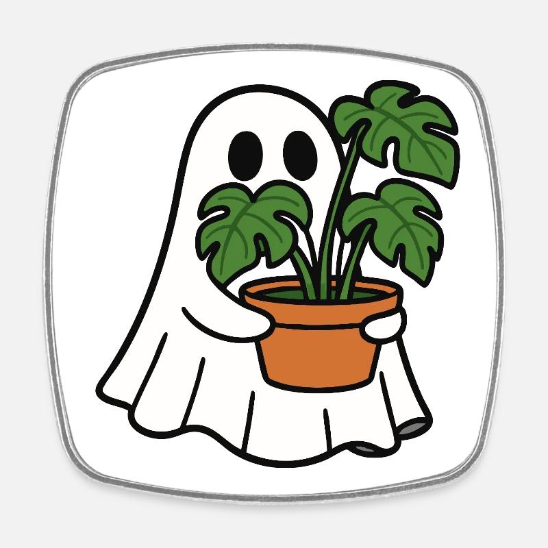 Fantôme mignon avec plante Monstera - Magnet carré - blanc