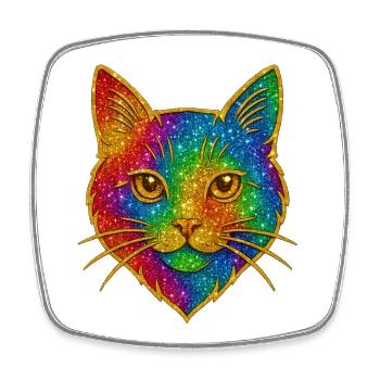 Arc en ciel pailleté chat jante dorée - Magnet carré - blanc - Devant