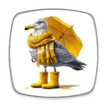 Seagull with yellow umbrella and boots - Square fridge magnet - white - Front