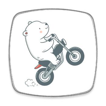 Ourson Moto Cartoon Aventure - Magnet carré - blanc - Devant
