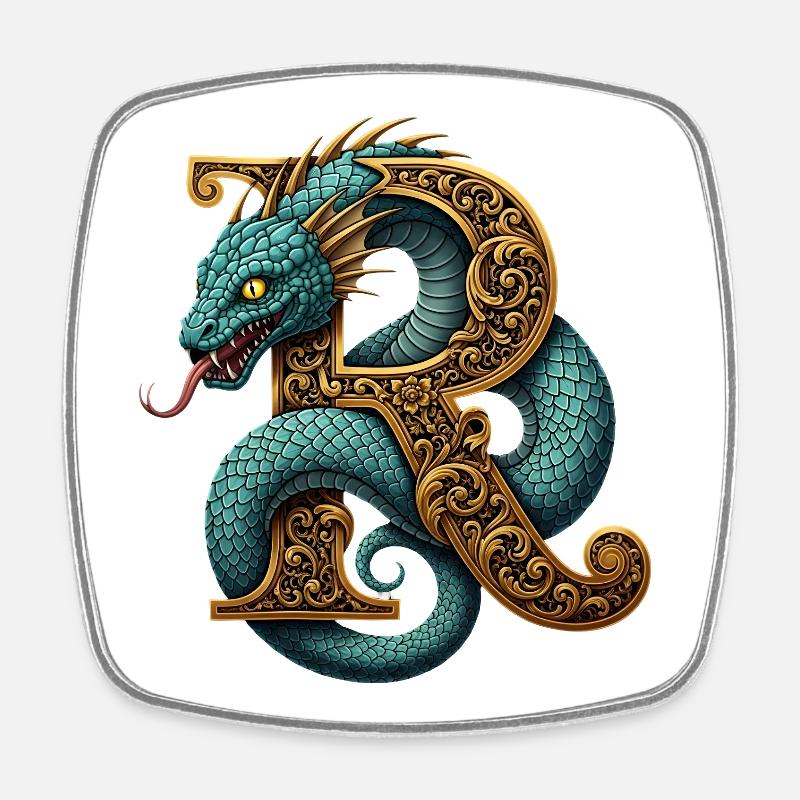 Drache um den Buchstaben R verziert - Viereckiger Kühlschrankmagnet - Weiß