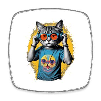 Neon Katze DJ Vibe T-Shirt - Viereckiger Kühlschrankmagnet - Weiß - Vorne