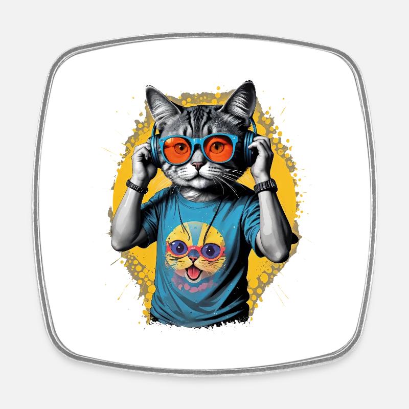 Neon Cat DJ Vibe Tee - Square fridge magnet - white