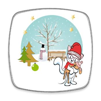 Cat with teddy bear in winter - Square fridge magnet - white - Front