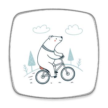 Polar bear on a bike in the gentle landscape - Square fridge magnet - white - Front