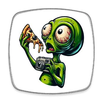 Alien mit Pizza und Kamera - Viereckiger Kühlschrankmagnet - Weiß - Vorne