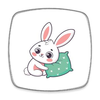 Lapin câlin et coussin vert - Magnet carré - blanc - Devant