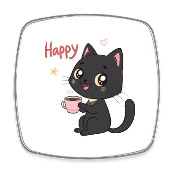 Chat Noir Souriant Café Doux - Magnet carré - blanc - Devant