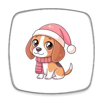 Chiot Noël Rose avec Bonnet et Écharpe - Magnet carré - blanc - Devant