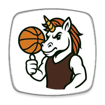 Einhorn-Basketball-Maskottchen mit Ballkontrolle - Viereckiger Kühlschrankmagnet - Weiß - Vorne