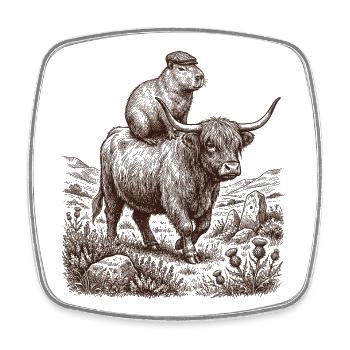 Capybara drôle chevauchant une vache des Highlands - Magnet carré - blanc - Devant