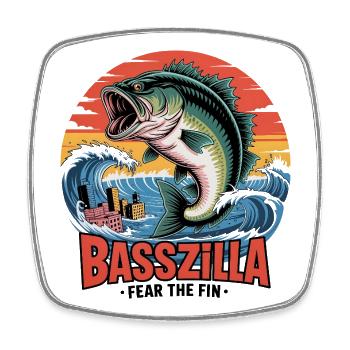 Basszilla Fear The Fin – lustiges riesiges Fischmonster - Viereckiger Kühlschrankmagnet - Weiß - Vorne