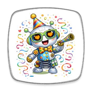 Karnevalsroboter – Buntes Faschingsmotiv mit Party - Viereckiger Kühlschrankmagnet - Weiß - Vorne