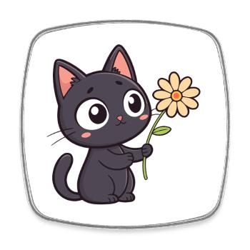 Kawaii Black Cat and Daisy - Square fridge magnet - white - Front