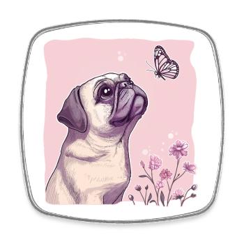 Pug with butterfly - Square fridge magnet - white - Front
