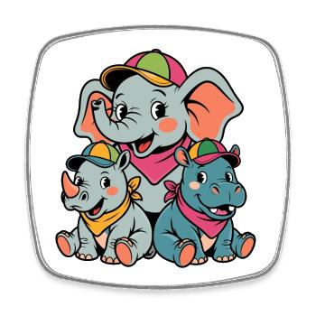 Niedlicher Elefant, Nashorn & Nilpferd Cartoon - Viereckiger Kühlschrankmagnet - Weiß - Vorne