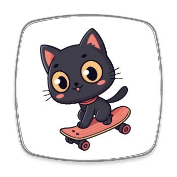 Chat Noir sur Skateboard Cartoon - Magnet carré - blanc - Devant