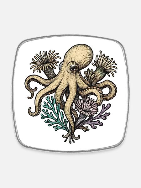 Octopus in the coral garden - Square fridge magnet - white