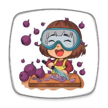 Comic girl cuts onions - Square fridge magnet - white - Front