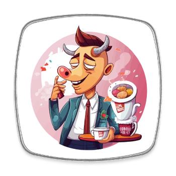 Taureau de bureau avec café et gâteau - Magnet carré - blanc - Devant