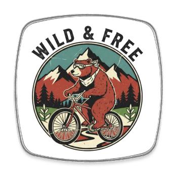 Wild & Free Grizzly Bear Fahrrad Vintage-Emblem - Viereckiger Kühlschrankmagnet - Weiß - Vorne