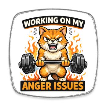Angry Cat Lifts Weights Flaming Fury - Square fridge magnet - white - Front