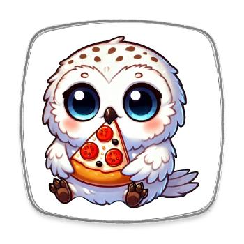 Süße Schneeeule mit Pizza Cartoon Fast Food - Viereckiger Kühlschrankmagnet - Weiß - Vorne