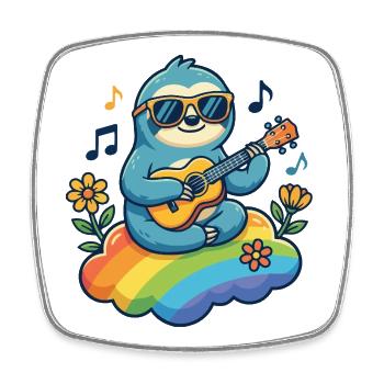 Hippie sloth with guitar on rainbow cloud - Square fridge magnet - white - Front