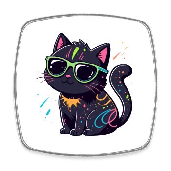 Chat noir néon et lunettes - Magnet carré - blanc - Devant