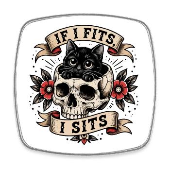 Chat dans un crâne : design de tatouage à l’ancienne - Magnet carré - blanc - Devant