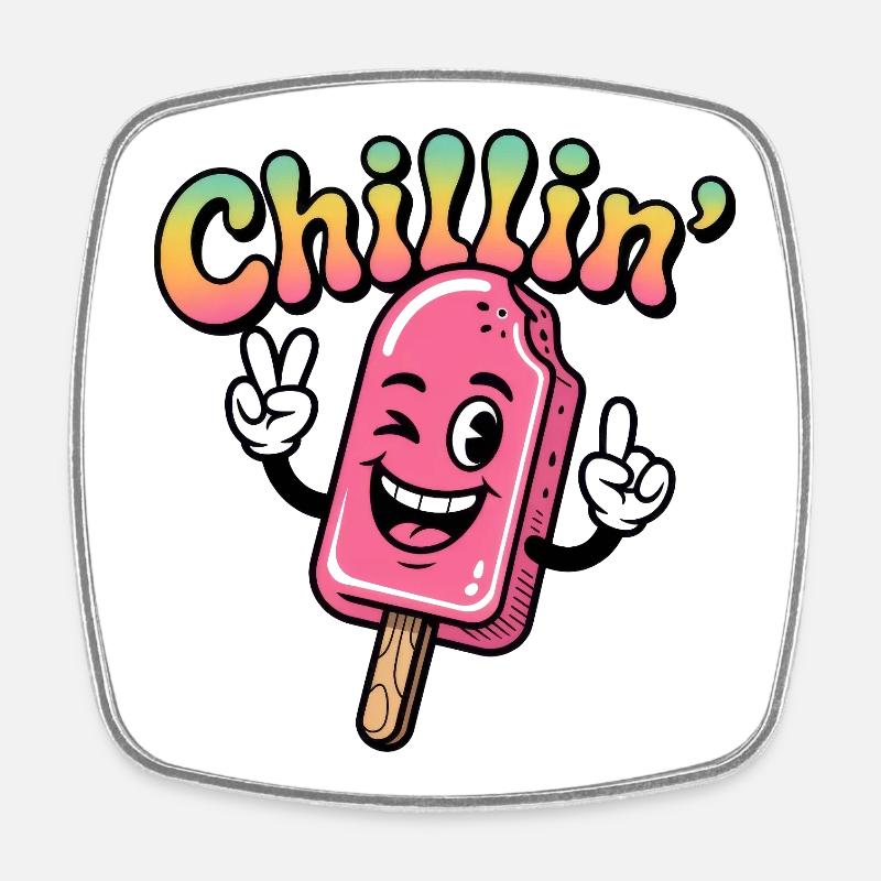 Retro Chillin Pink Popsicle Cartoon - Square fridge magnet - white