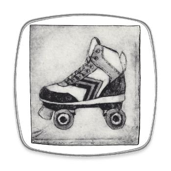 Retro Rollschuh - handgeschnitzte Druckvorlage - Viereckiger Kühlschrankmagnet - Weiß - Vorne