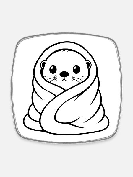 Cuddly otter in blanket Cute motif - Square fridge magnet - white