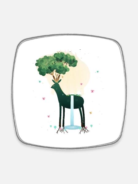 Forest deer with treetop and waterfall - Square fridge magnet - white