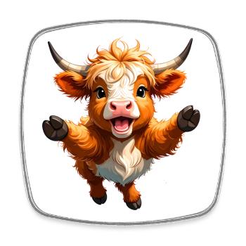 Vache des Highlands en saut – Design animal dynamique - Magnet carré - blanc - Devant