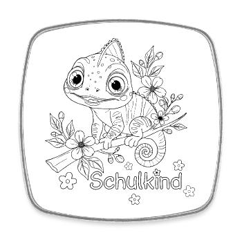 Schulkind - Chamäleon Blumen T-Shirt zum Ausmalen - Viereckiger Kühlschrankmagnet - Weiß - Vorne