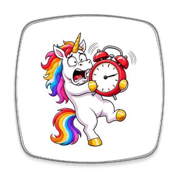 Funny Unicorn Alarm Clock Battle - Square fridge magnet - white - Front
